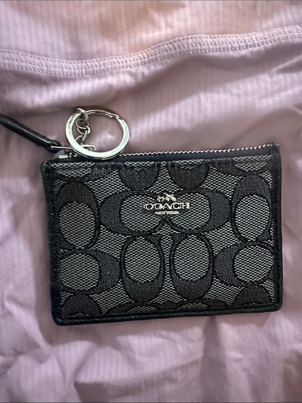 Coach Black Signature Jacquard Zip Card Case with Keyring